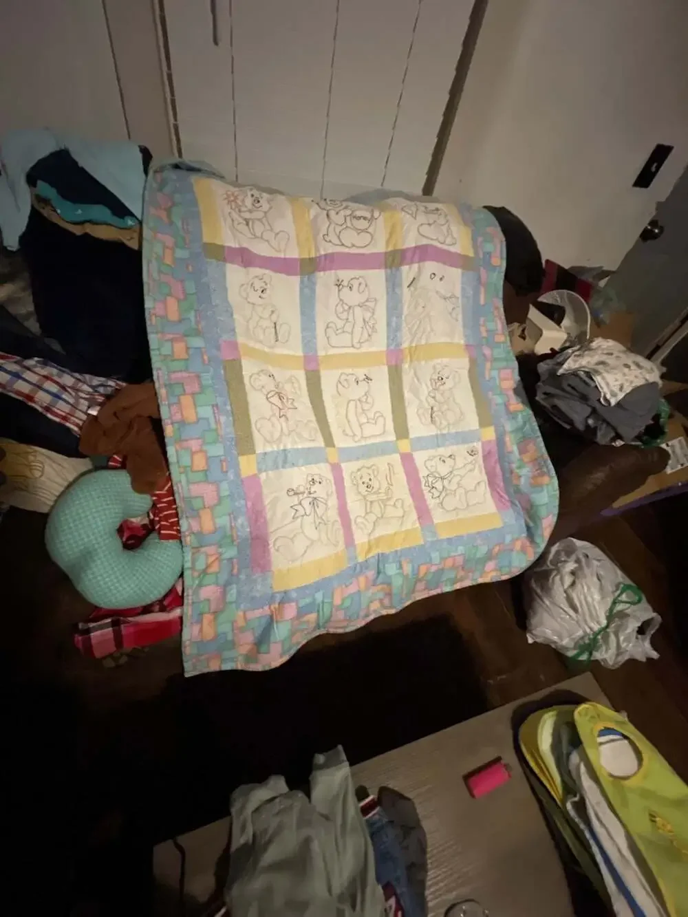 Vintage Handmade quilt w/Teddy Bear Baby with reversible side Pastel Patchwork